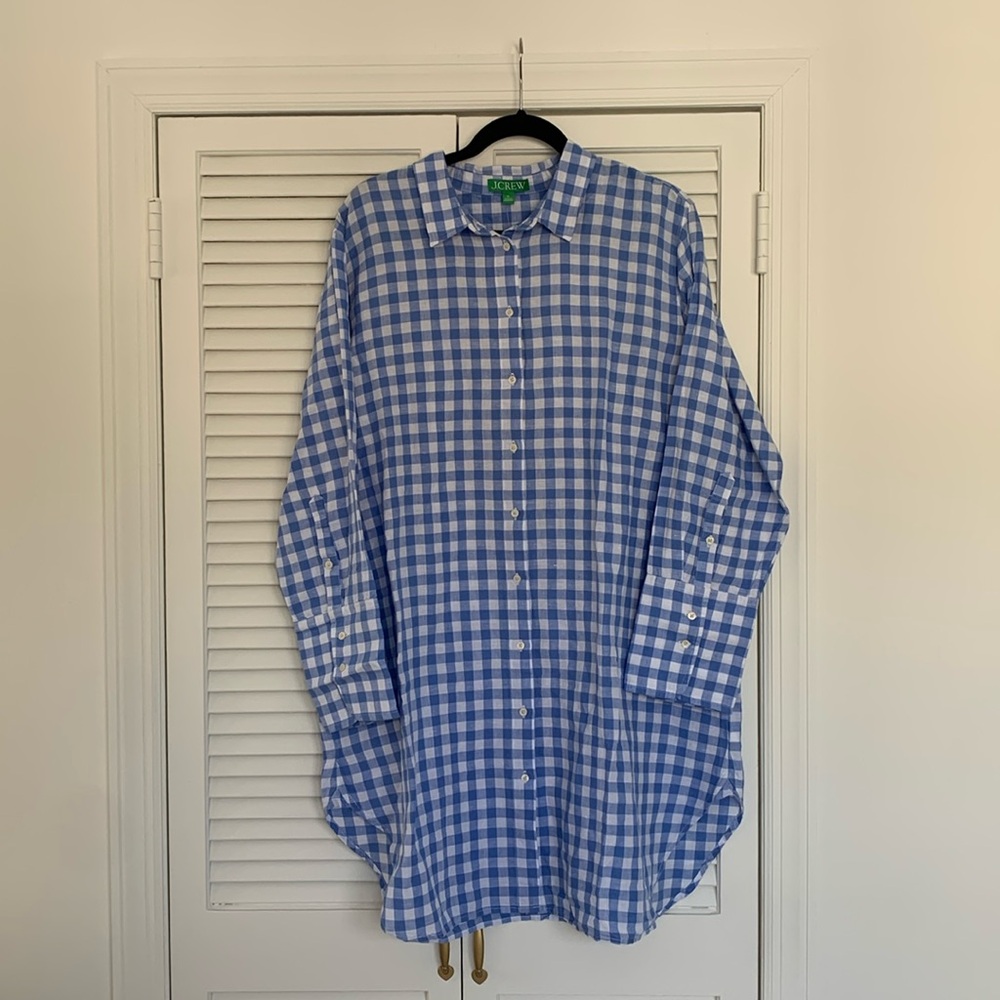 J. Crew Blue and White Gingham Long Sleeve Dress